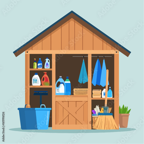A well-organized storage shed, full of cleaning supplies, towels and other household items, offering a practical solution for home organization and decluttering.
