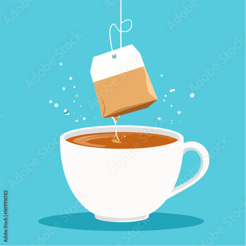 Illustrated white teacup with a tea bag being dunked, droplets and bubbles surround the teacup on a clean, solid light blue background with a subtle shadow.