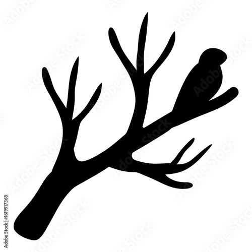 Silhouette of a bird perched on a bare branch against white background