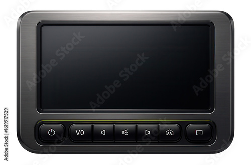 Dashboard display with brushed metal frame and dedicated infotainment controls