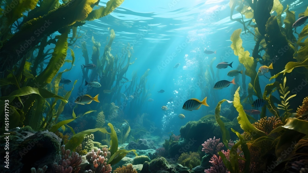 Fototapeta premium Vibrant Underwater Scene with Kelp Forest and Swimming Fish