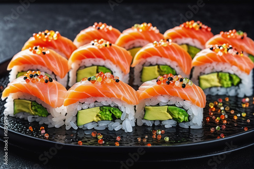Delicious Salmon Sushi with Avocado and Fish Roe. Generative AI. 