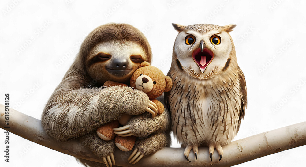 Obraz premium A sleepy sloth hugging a teddy bear next to a surprised owl on a branch, isolated on transparent background