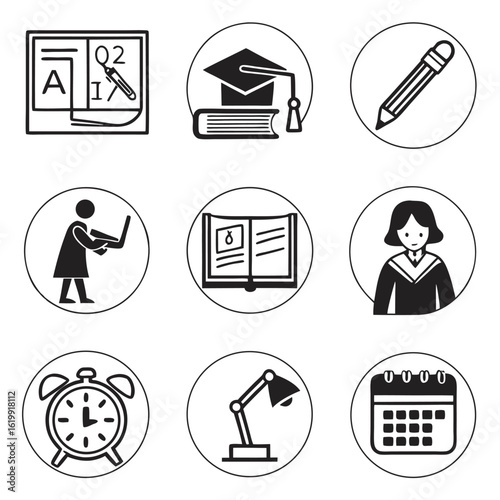 Icon Set Vector Collection of Education and Learning Symbols in Black and White Circular Design Minimalist Style