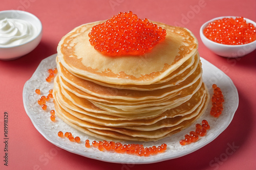 Stack of Pancakes with Red Caviar Garnish. Generative AI. 