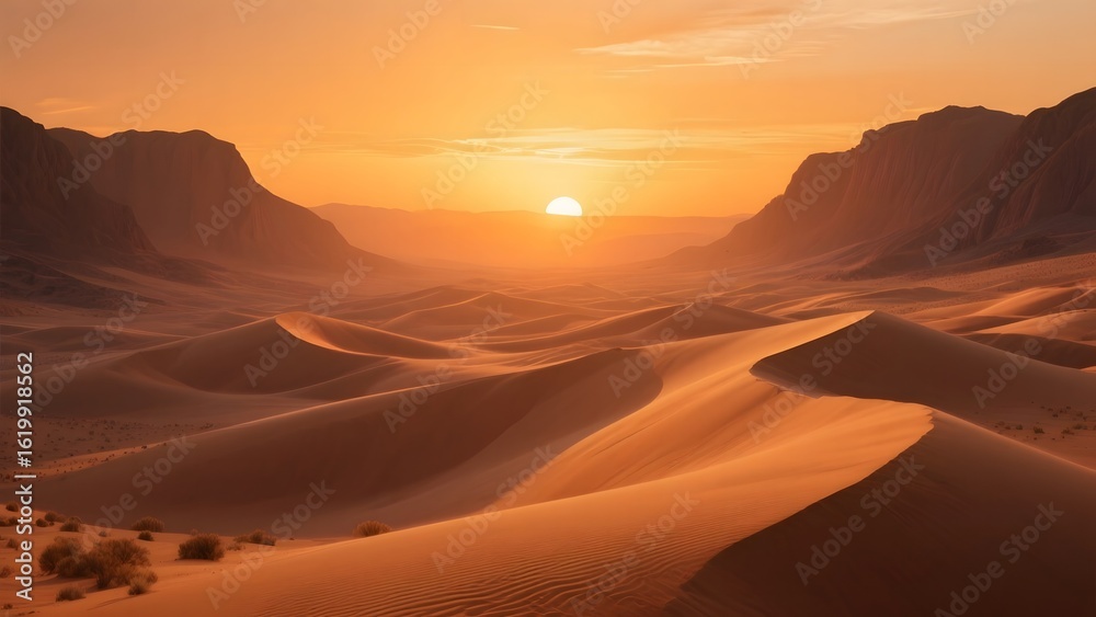 Naklejka premium Golden Sunset Over Rolling Sand Dunes in a Desert Landscape