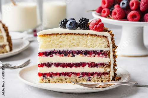 Delicious Berry Layer Cake Slice on a Plate. Generative AI.