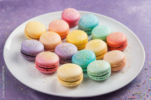 Assorted Colorful Macarons on a Plate. Generative AI. 