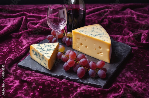 Wine and Cheese with Grapes on Velvet Background. Generative AI. 