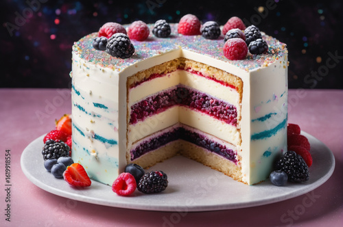 Colorful Berry Layer Cake with Slice Removed. Generative AI.