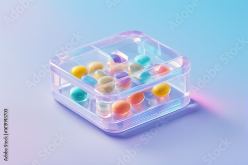 Colorful Capsules in Clear Plastic Box on Gradient Background. Generative AI.