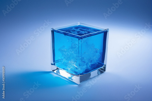 Icy Blue Liquid in Glass Cube Display. Generative AI.
