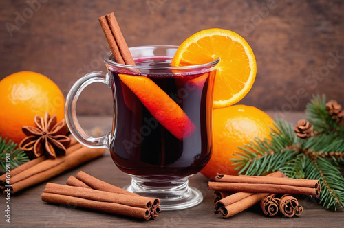 Cozy Mulled Wine with Cinnamon and Orange Slice. Generative AI. 