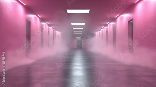 Pink hallway with fog long perspective interior background