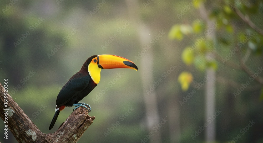 Fototapeta premium A vibrant Toco Toucan with a brilliant orange beak perches on a weathered branch, basking in the soft light of a tropical rainforest.
