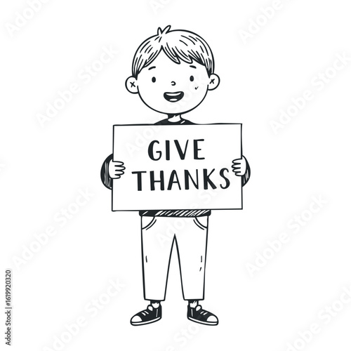 Happy child holding thankful sign in black and white drawing. Vector illustration