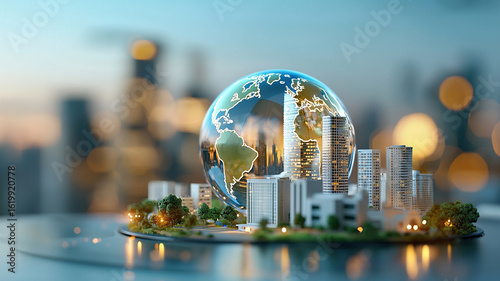Transparent Earth model sits atop miniature cityscape, highlighting urban development and sustainability