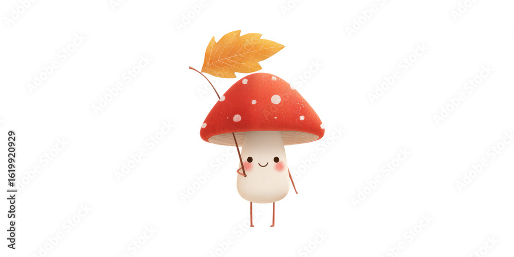 Fototapeta premium Cute Cartoon Mushroom Character Holding Leaf. Whimsical Nature Illustration Isolated On Transparent Background