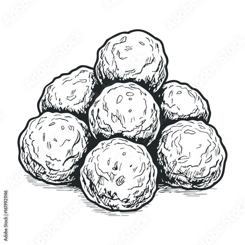 Hand-drawn sketch of traditional falafel balls in a pyramid arrangement. Vector illustration