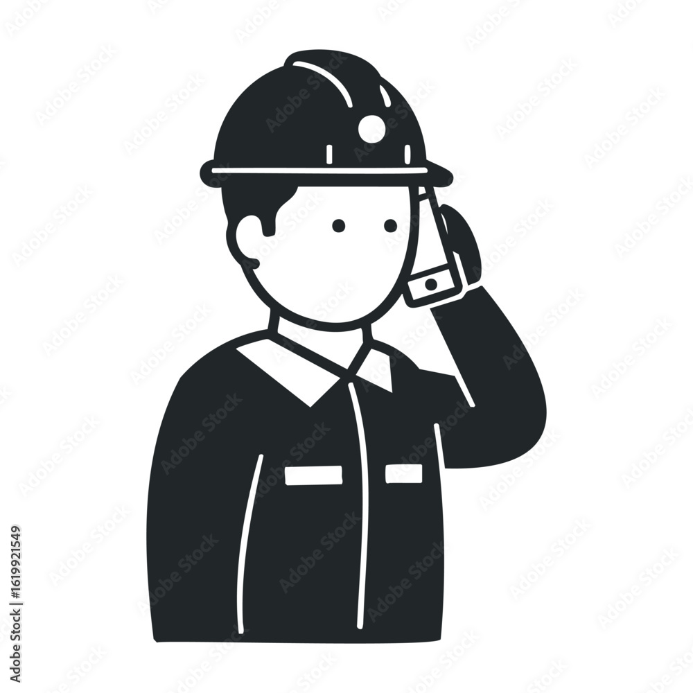 Male construction worker icon: hard hat, smartphone, communication, safety, asian adult. Vector illustration Male construction worker icon: hard hat, smartphone, communication, safety, asian adult. Vector illustration