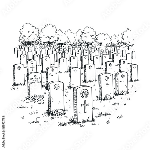 Black and white cemetery scene with tombstones and trees. Vector illustration