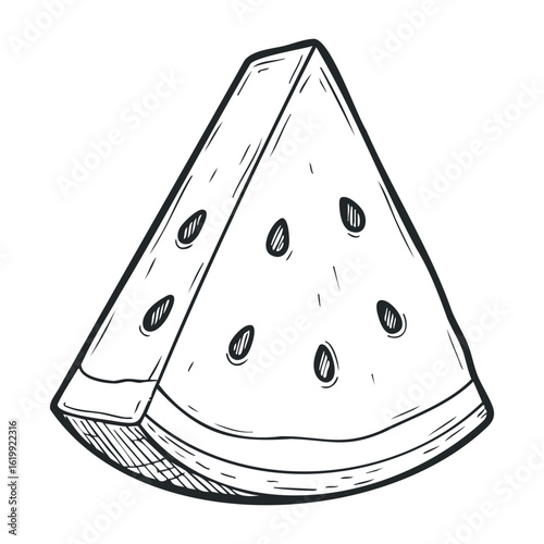 Monochrome watermelon slice sketch with seeds and rind detailing. Vector illustration