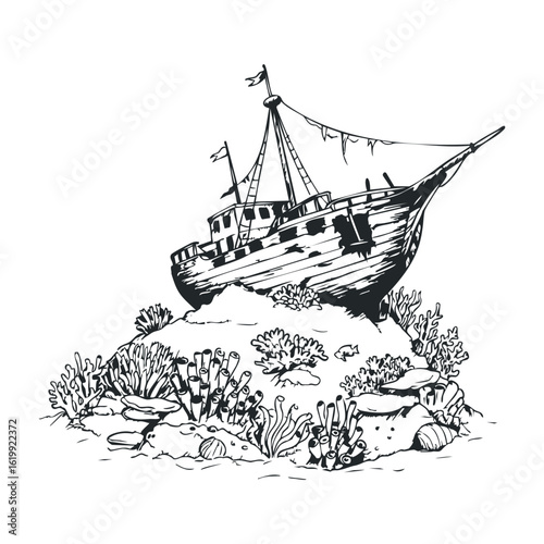 Sunken ship with coral and marine life in detailed black and white sketch. Vector illustration