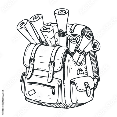 Detailed sketch of a backpack filled with rolled maps and travel essentials. Vector illustration