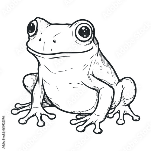 Detailed black and white sketch of a frog with big eyes and smooth skin. Vector illustration