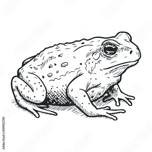 Detailed black and white sketch of a toad with textured skin and prominent features. Vector illustration