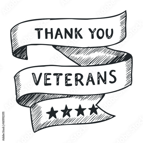 Thank you veterans banner with stars and ribbon design in black and white sketch style. Vector illustration