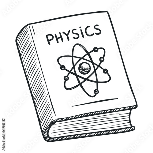 Hand-drawn physics textbook with atomic model on cover. Vector illustration