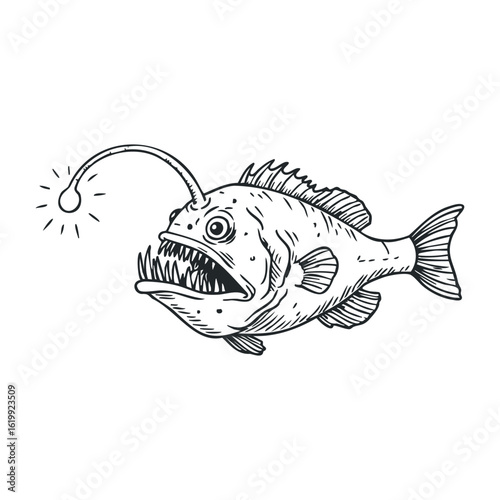 Angler fish line art drawing with bioluminescent feature and detailed anatomy. Vector illustration