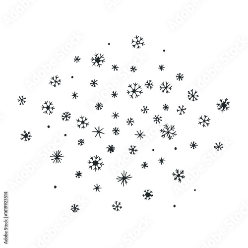 Black snowflakes pattern with various sizes and designs. Vector illustration