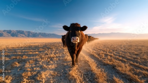 A serene image of a cow walking through a dusty field, illuminated by the warm glow of sunset, showcasing the tranquility of rural life amidst scenic landscapes and nature's beauty.