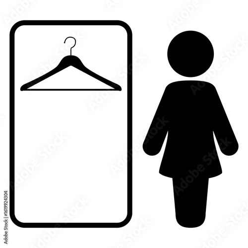 Icono vestuario de mujer. Silueta de mujer con armario y percha