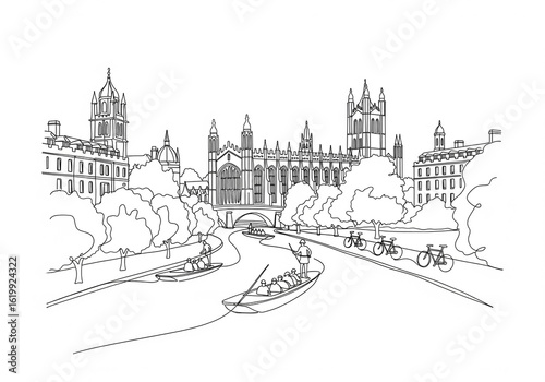 Cambridge in United Kingdom one line drawing style