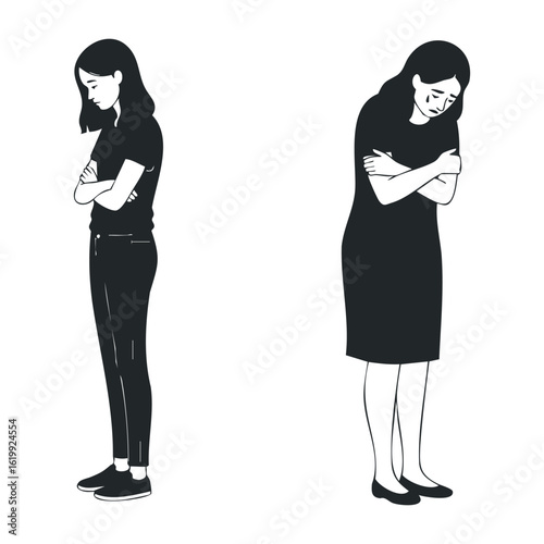 Sad female characters: young and adult women expressing emotion. Vector illustration