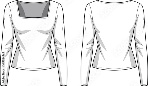 Long Sleeve Square Neck Top Fashion Template, CAD Drawing Flat Vector Illustration, Apparel Technical Sketch for Clothing Design Blueprint