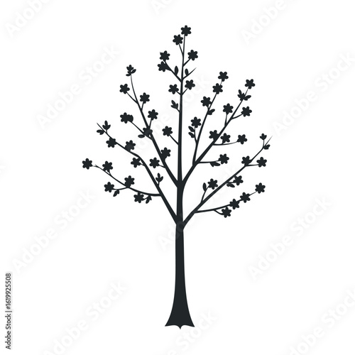 Black silhouette of a blossoming tree with flowers. Vector illustration