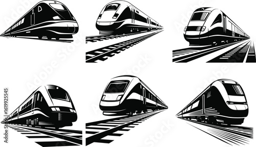 Modern high speed train collection black and white illustration