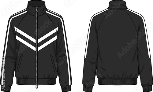 Track jacket fashion, black white vector, sporty apparel illustration, front back view, stylish zipper collar, cad drawing flat vector illustration