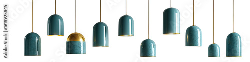 Group of teal-colored pendant lights with arched, cylindrical shapes