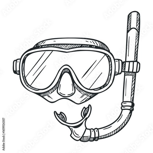 Black and white snorkeling gear illustration featuring mask and snorkel design. Vector illustration