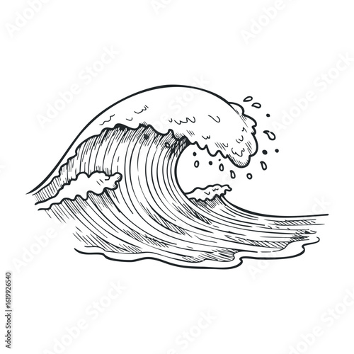 Hand-drawn ocean wave with splashing water in black and white outline style. Vector illustration