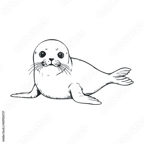 Adorable cartoon seal outline: cute black and white animal drawing with whiskers. Vector illustration