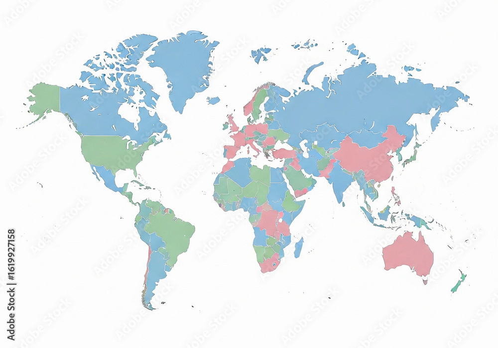 Naklejka premium Colorful world map highlighting countries with distinct color-coded regions for global data visualization