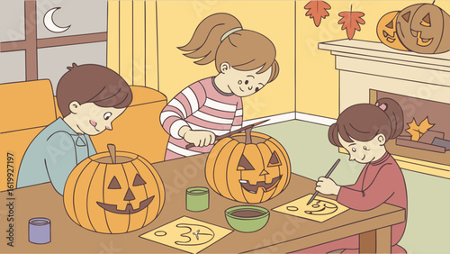 Children happily carve and decorate pumpkins for halloween night creating spooky jack o lanterns together indoors by a warm fireplace
