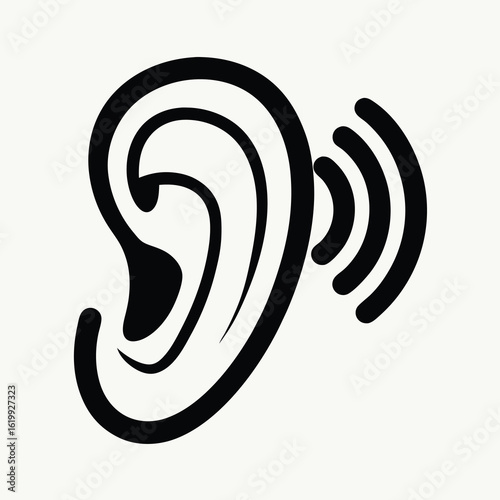 Stylized Black Ear Icon with Sound Waves for Hearing Audio Listening Concept