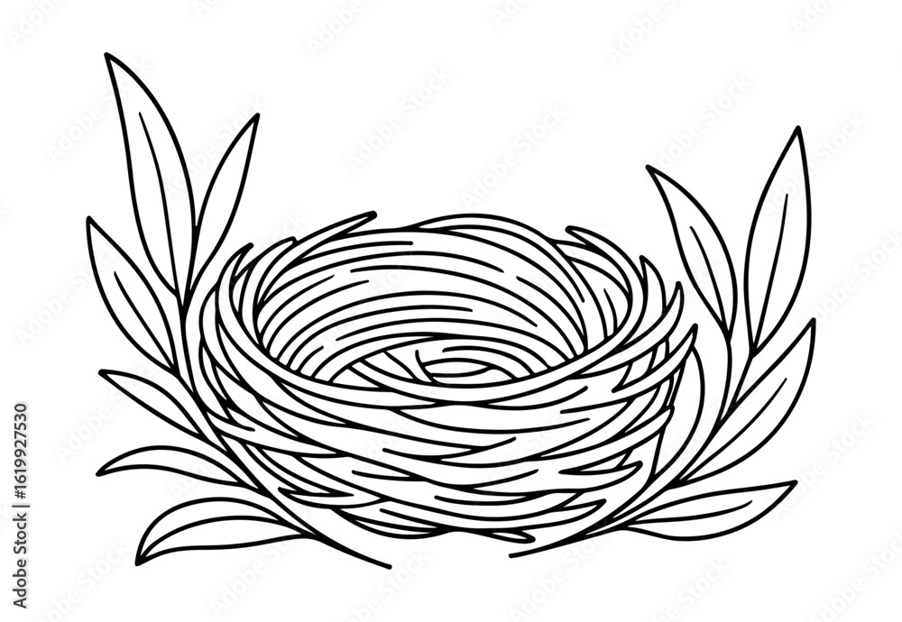 Fototapeta premium Nest outline line art, black and white doodle style. Ideal for logo, tattoo, app, coloring book, web design, infographics, banner, poster, and more. Vector illustration